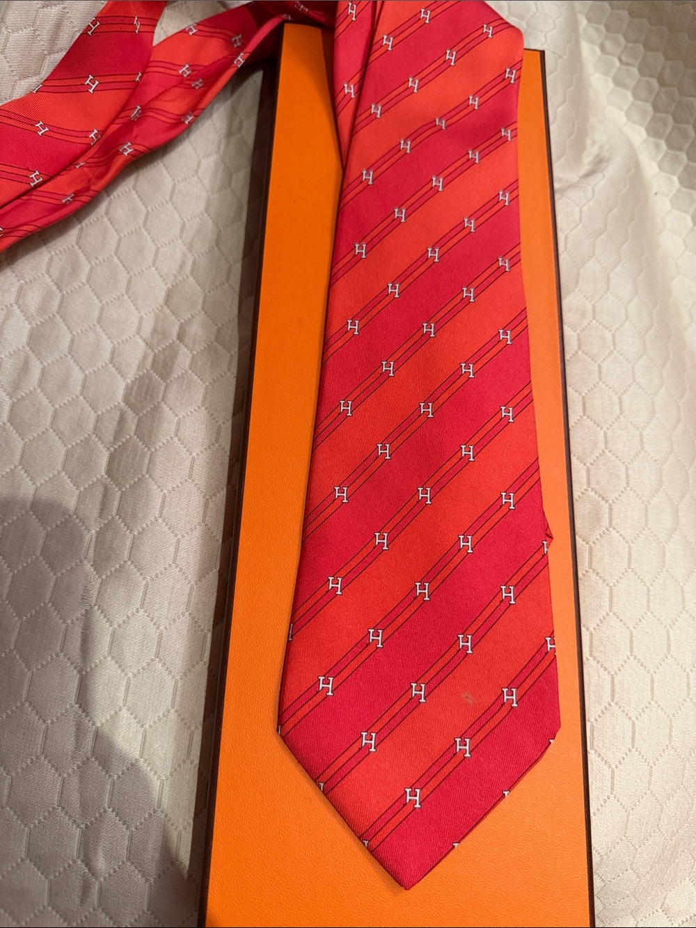 Hermes Red Diagonal 'H' Motif Silk Tie